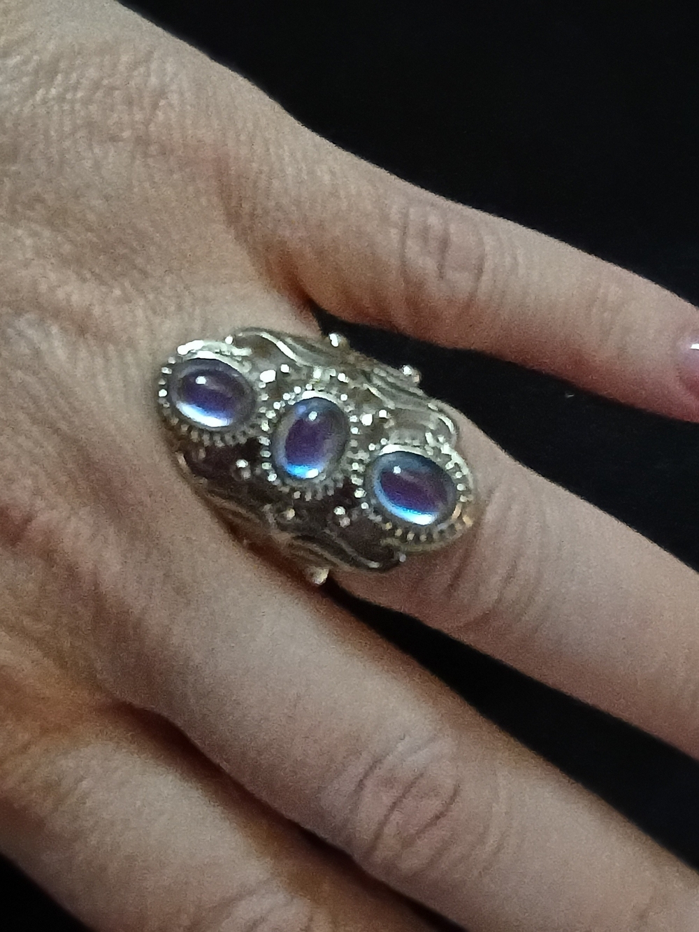 Silver Ring with Three Iridescent Blue-Purple Stones - Women's Jewelry